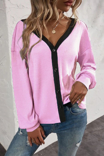 Patchwork Buttons V Neck T-shirts(7 Colors)