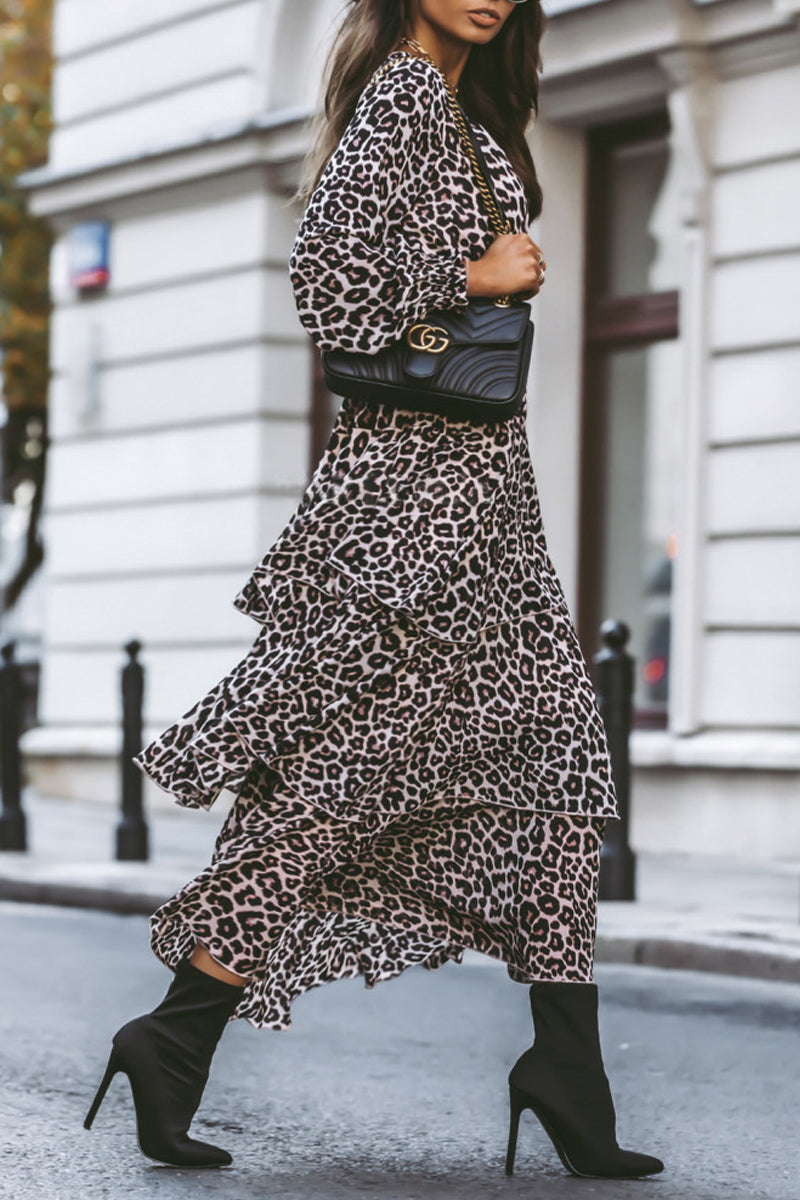 Animal Print Leopard Color V Neck Cake Skirt Dresses