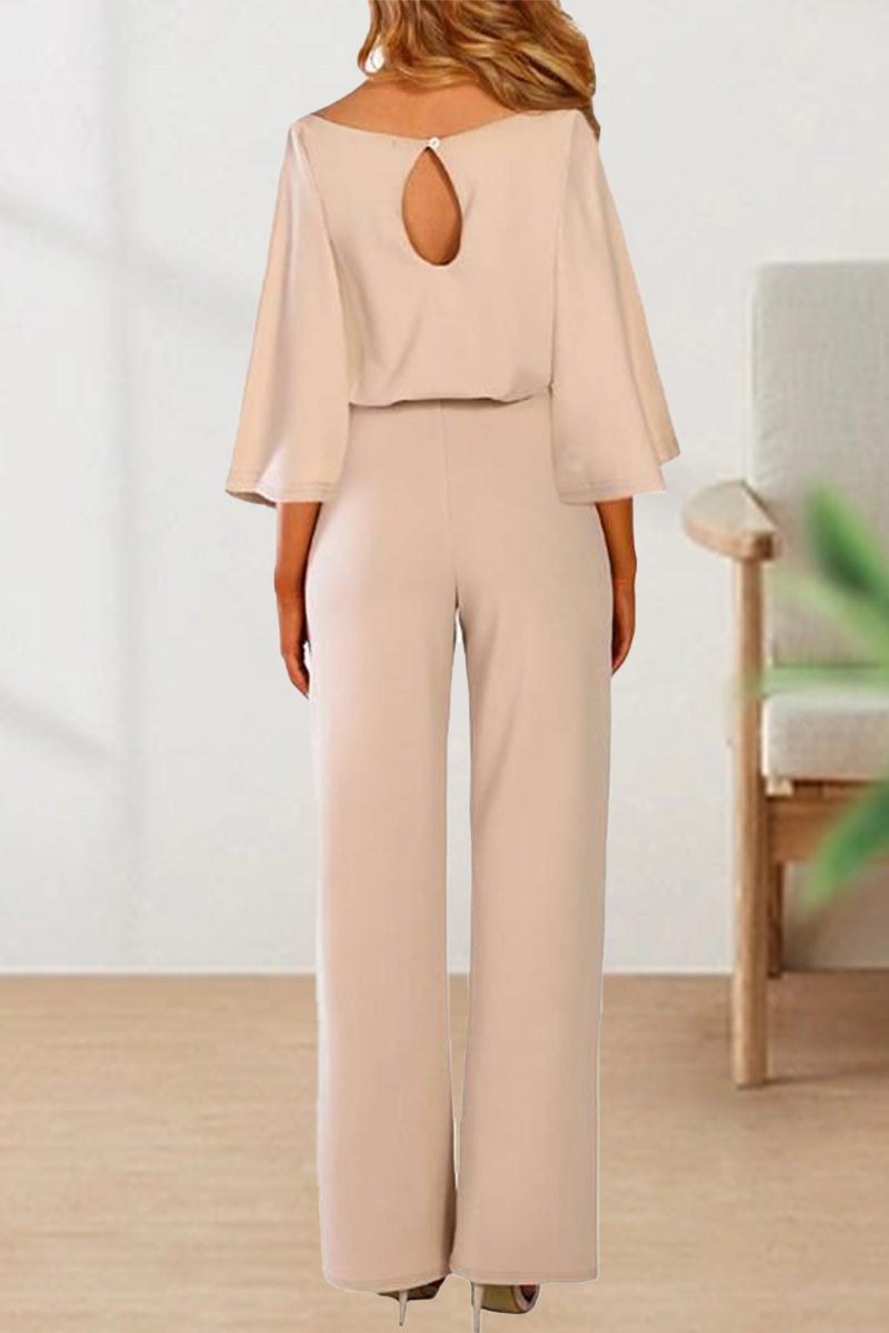 With Belt Color O Neck Straight Jumpsuits(3 Colors)
