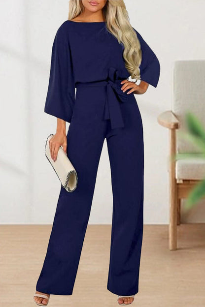 With Belt Color O Neck Straight Jumpsuits(3 Colors)