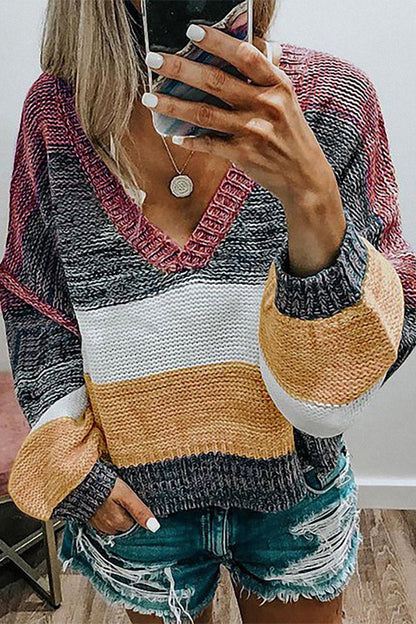 Sweet Color Block Patchwork V Neck Sweaters(4 Colors)