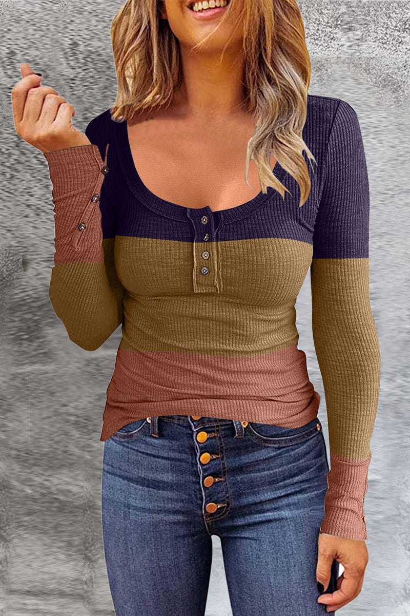 Gradual Change Color Block Patchwork Buttons O Neck T-shirts(7 Colors)