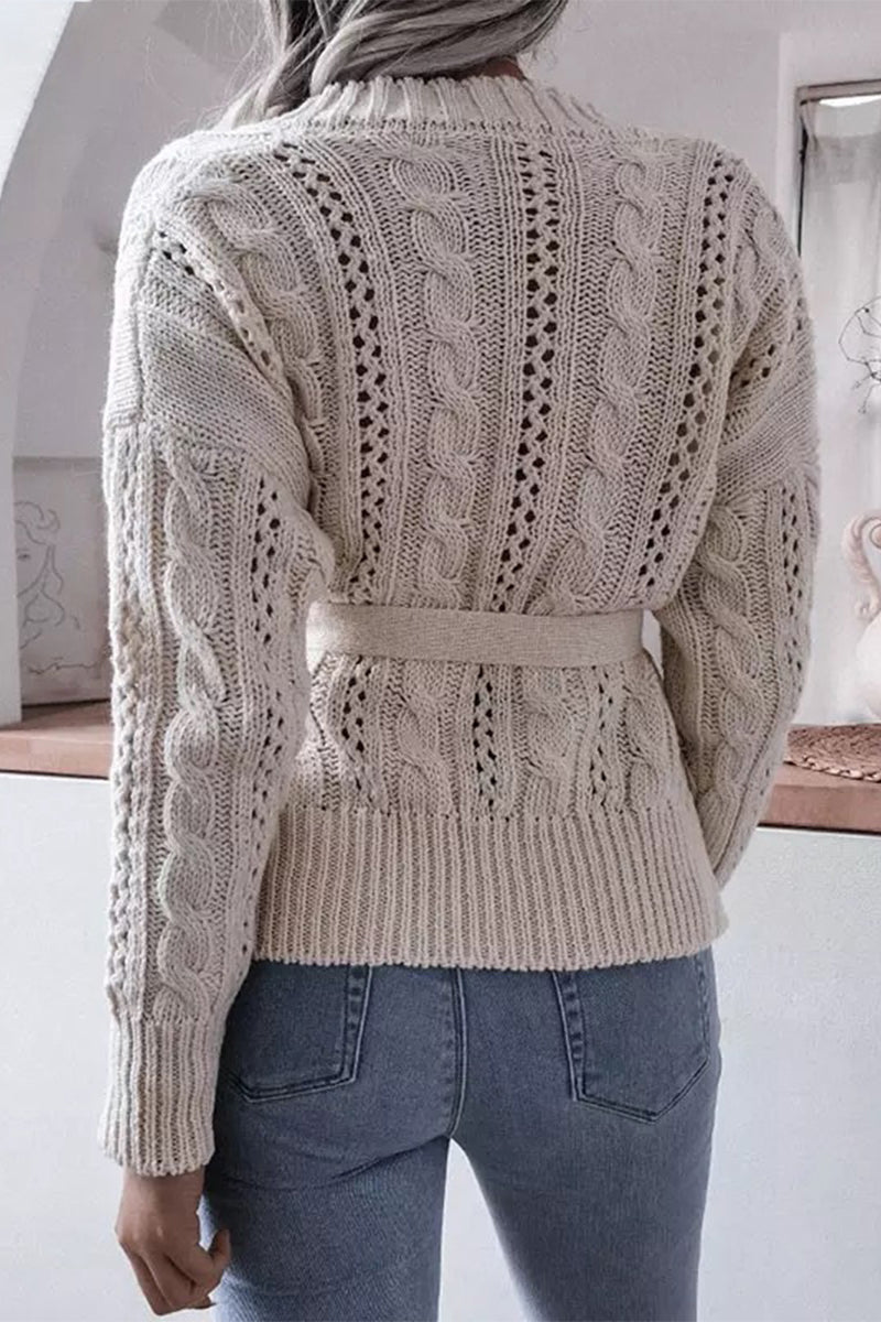 Hollowed Out Buckle With Belt Cardigan Collar Tops