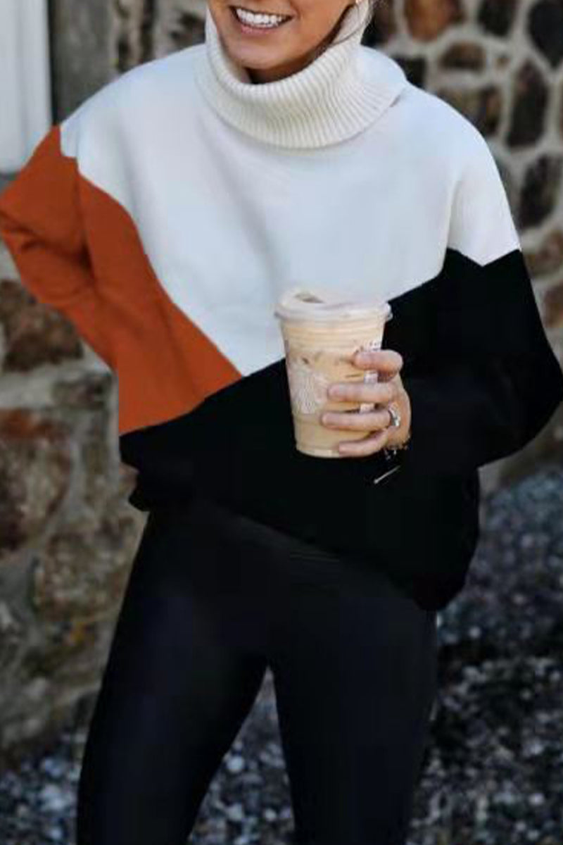Work Color Block Patchwork Turtleneck Sweaters(4 Colors)