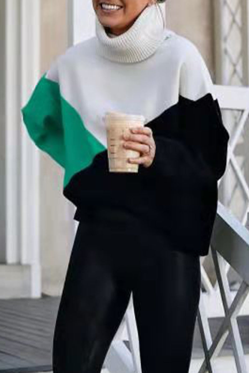 Work Color Block Patchwork Turtleneck Sweaters(4 Colors)