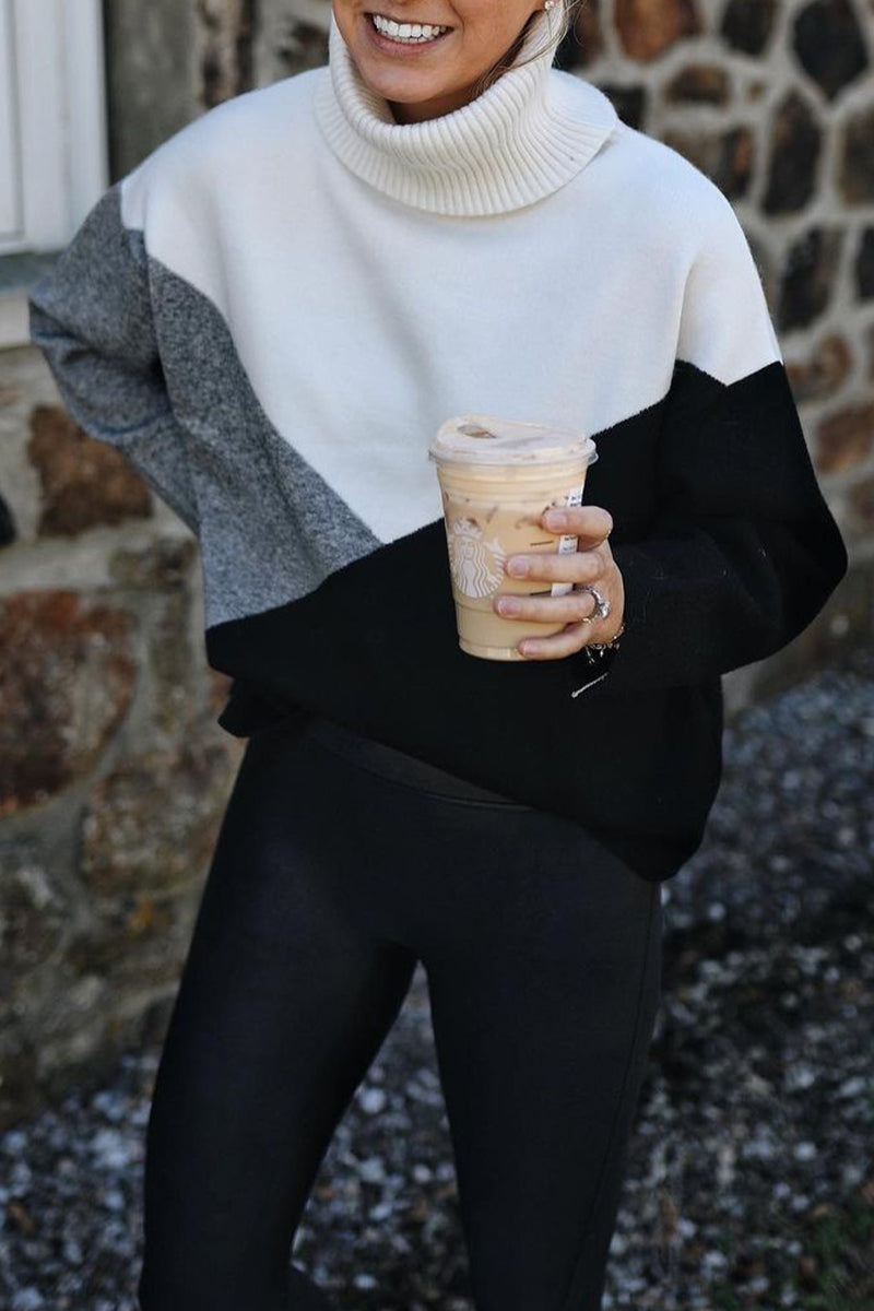 Work Color Block Patchwork Turtleneck Sweaters(4 Colors)