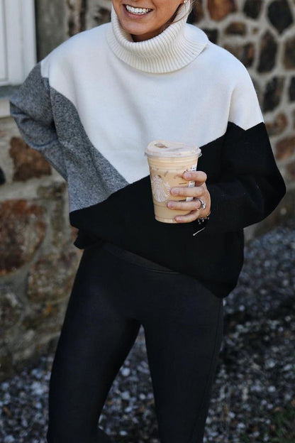 Work Color Block Patchwork Turtleneck Sweaters(4 Colors)