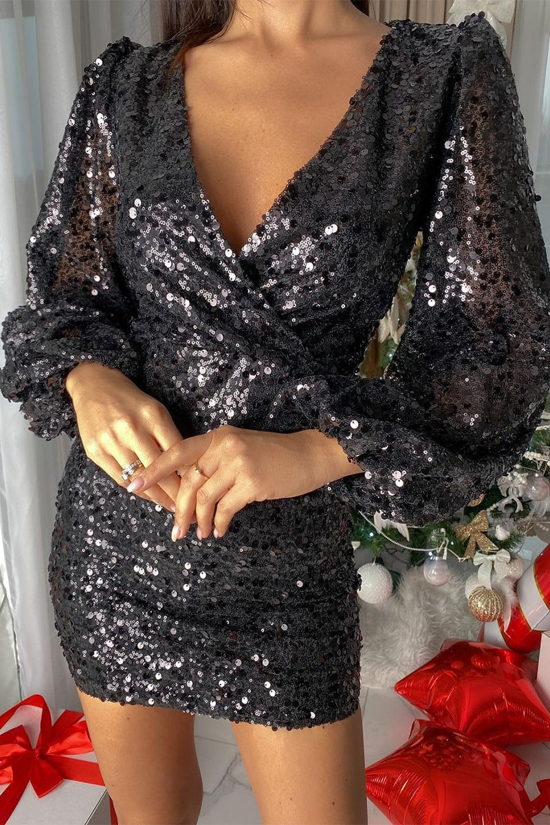 Sequins V Neck Pencil Skirt Dresses