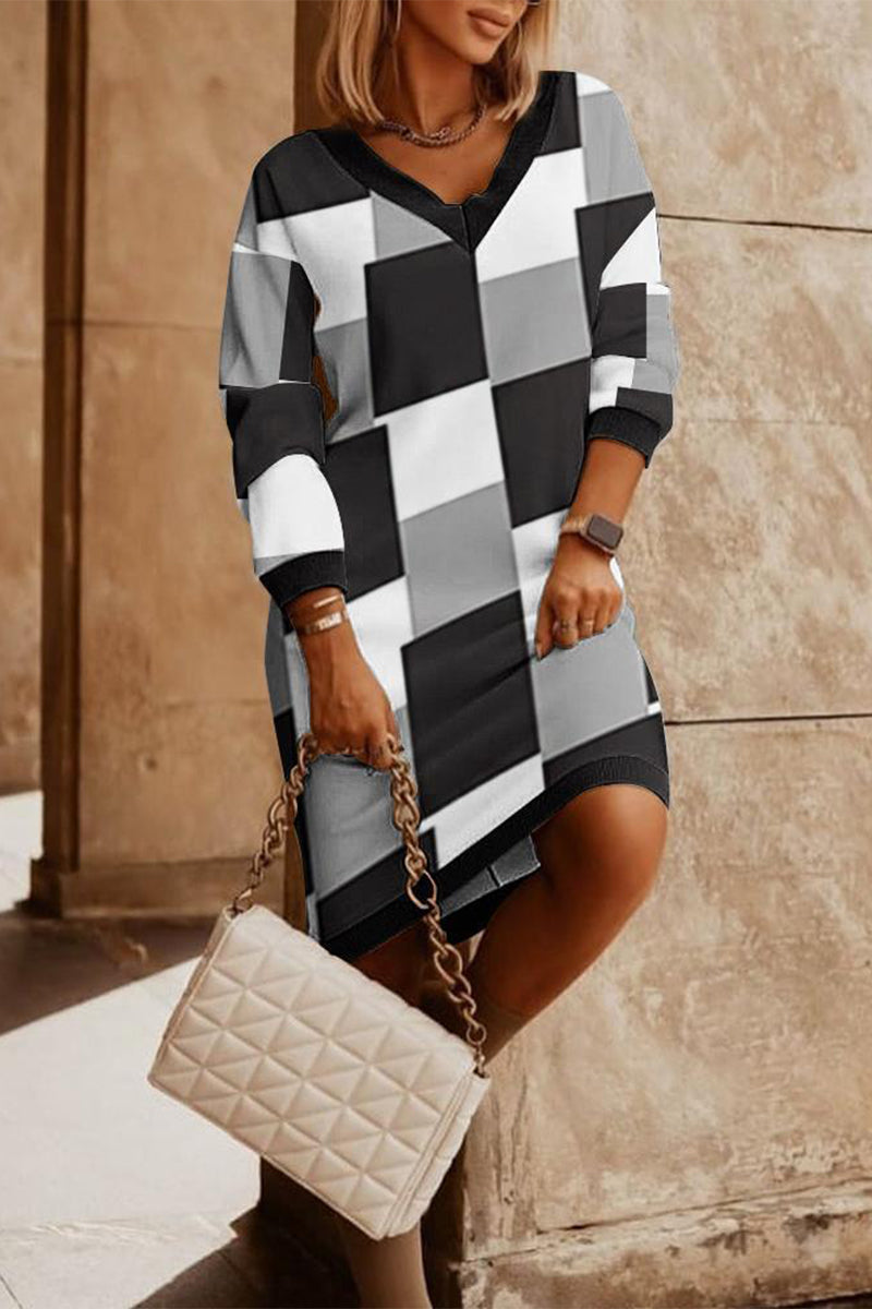 Work Plaid V Neck One Step Skirt Dresses