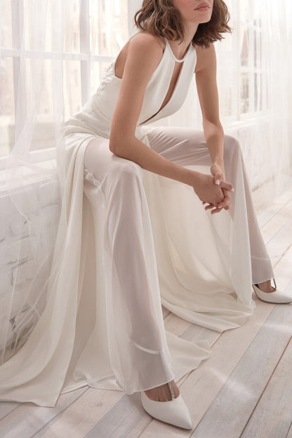 Hollowed Out Patchwork Backless O Neck Regular Jumpsuits