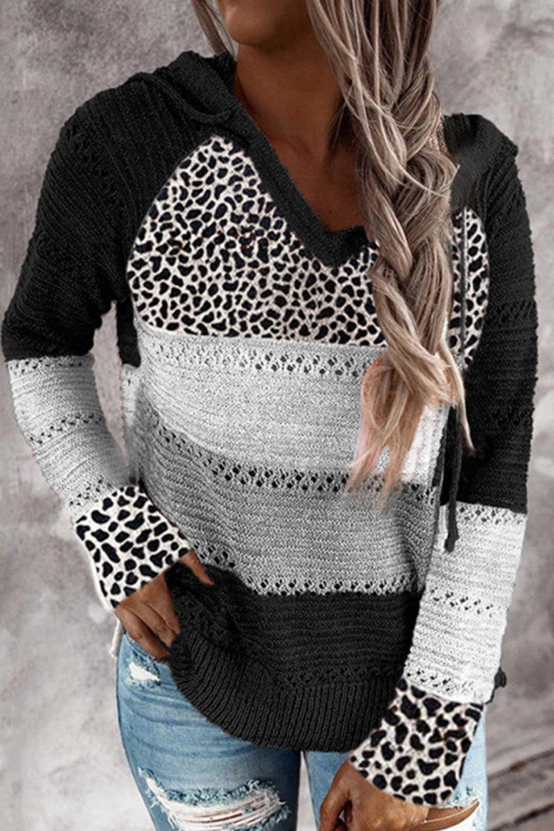 Wisherryy Hooded Leopard Stitched Knit Sweater(8 Colors)