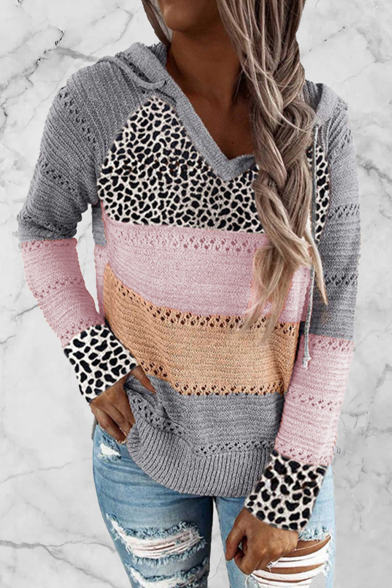 Wisherryy Hooded Leopard Stitched Knit Sweater(8 Colors)
