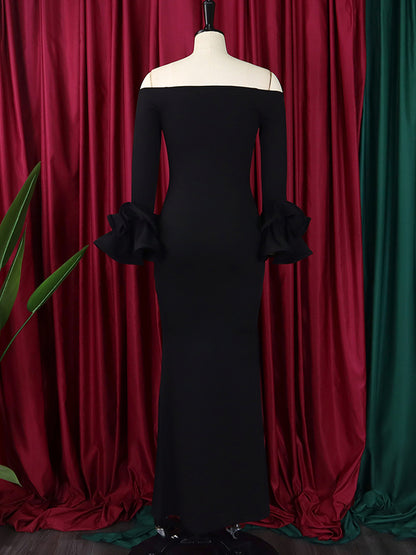 Bodycon Flared Sleeves Falbala Color Split-side Off-the-shoulder Maxi Dresses