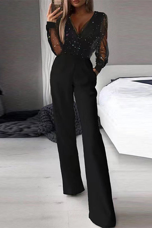 Patchwork Patchwork V Neck Straight Jumpsuits