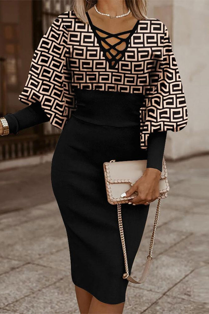 Print Bandage V Neck Wrapped Skirt Dresses