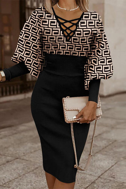 Print Bandage V Neck Wrapped Skirt Dresses