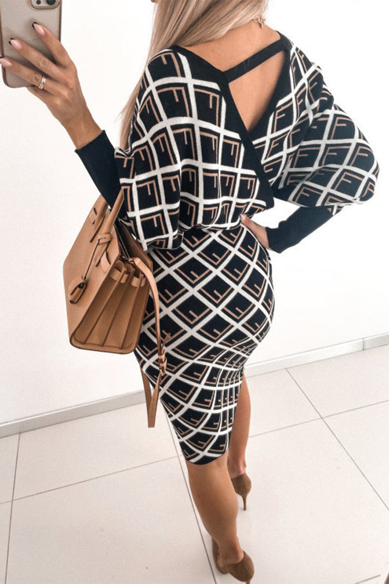 Print Printing V Neck Pencil Skirt Dresses