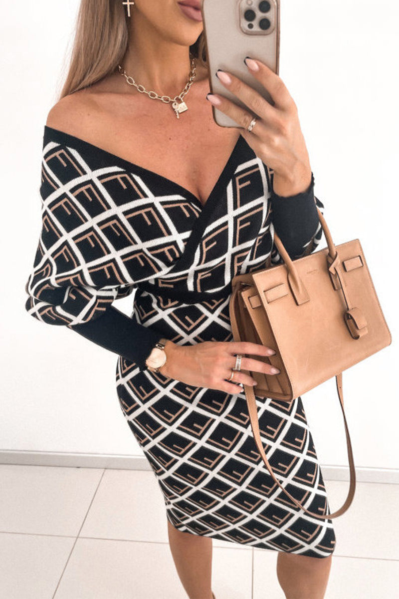 Print Printing V Neck Pencil Skirt Dresses