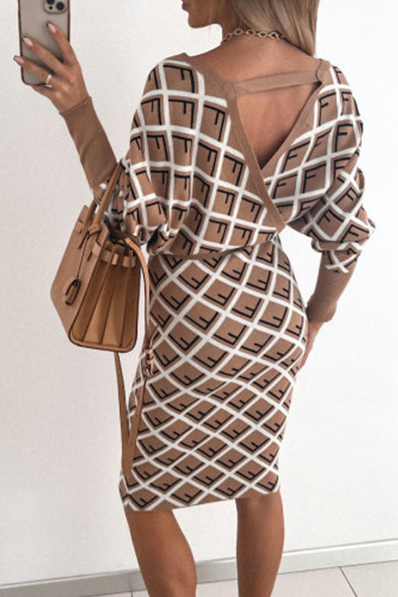 Print Printing V Neck Pencil Skirt Dresses