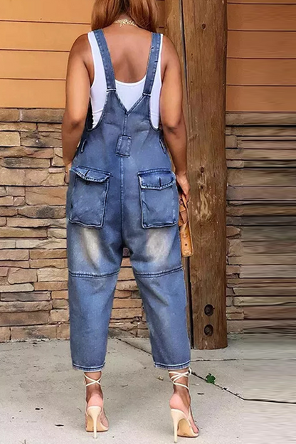Street Patch Button Square Neck Pocket Straight Jumpsuit