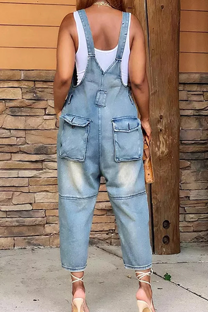 Street Patch Button Square Neck Pocket Straight Jumpsuit