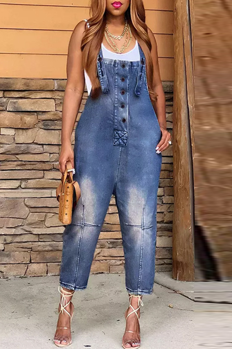 Street Patch Button Square Neck Pocket Straight Jumpsuit