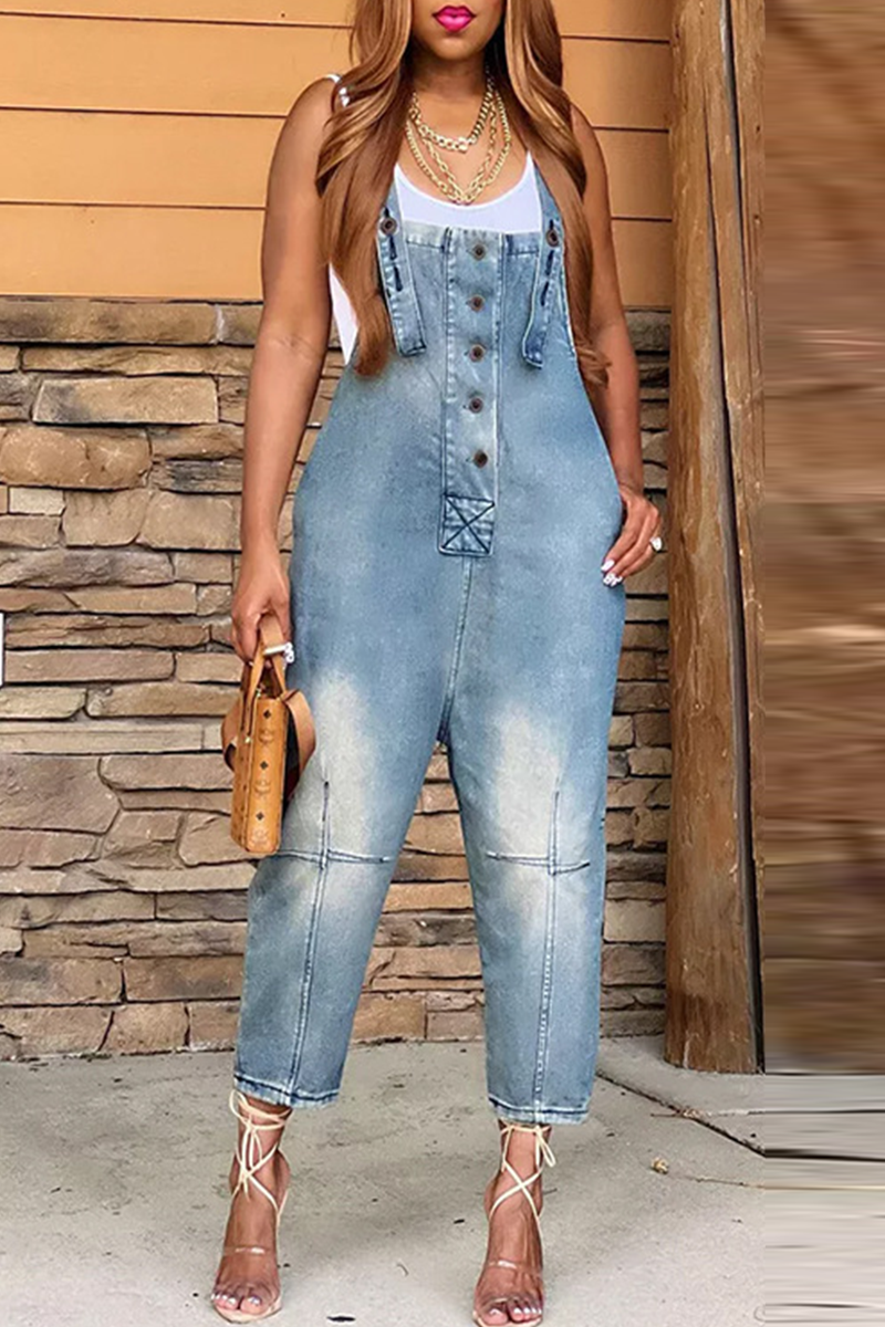 Street Patch Button Square Neck Pocket Straight Jumpsuit