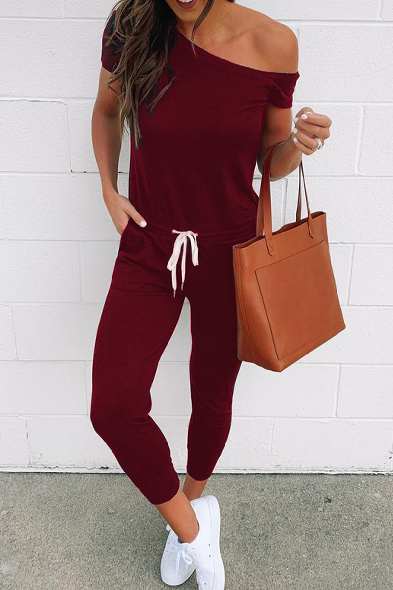 Draw String One Shoulder Skinny Jumpsuits(4 Colors)