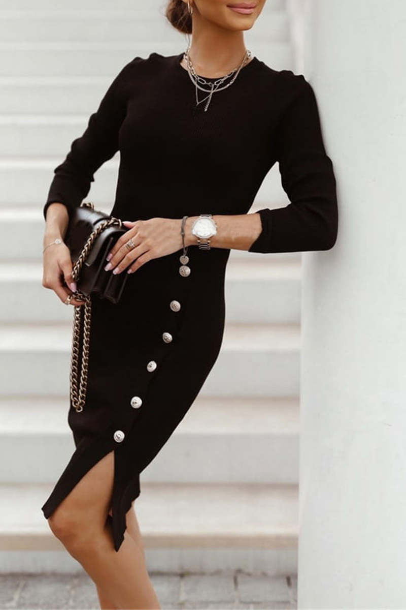 Street Buckle O Neck Pencil Skirt Dresses(4 Colors)