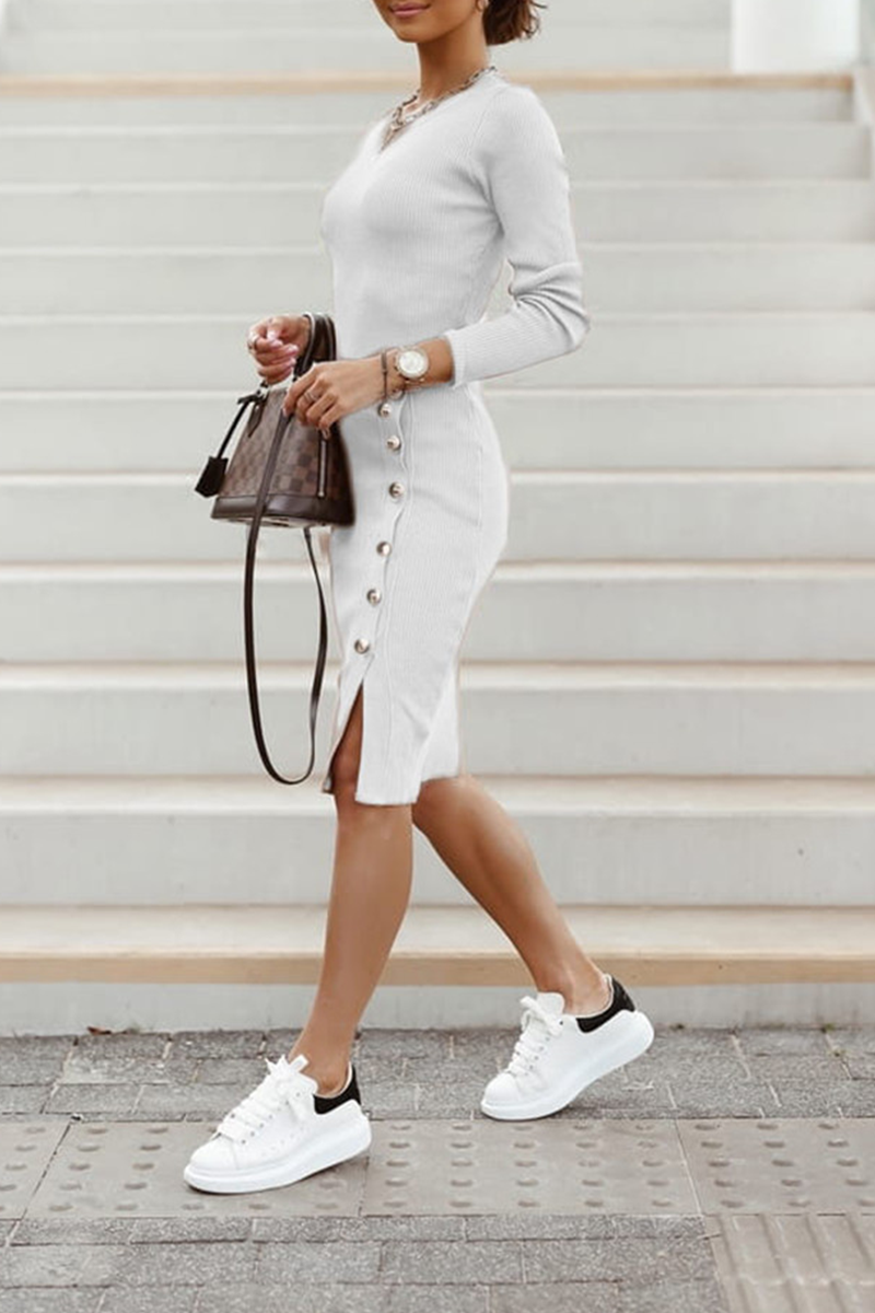 Street Buckle O Neck Pencil Skirt Dresses(4 Colors)