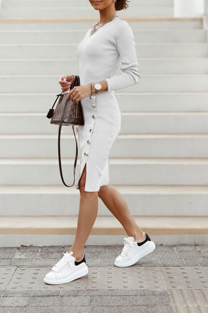 Street Buckle O Neck Pencil Skirt Dresses(4 Colors)