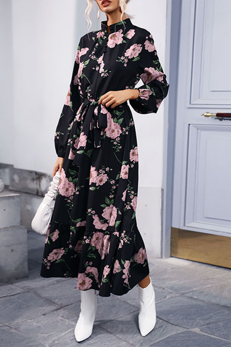 Print Patchwork Half a Turtleneck Waist Skirt Dresses