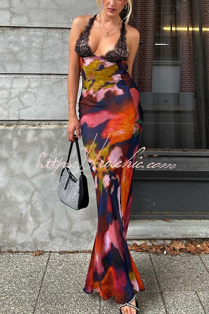 Rosalinda Abstract Print Lace Patchwork Back Lace-up Maxi Dress