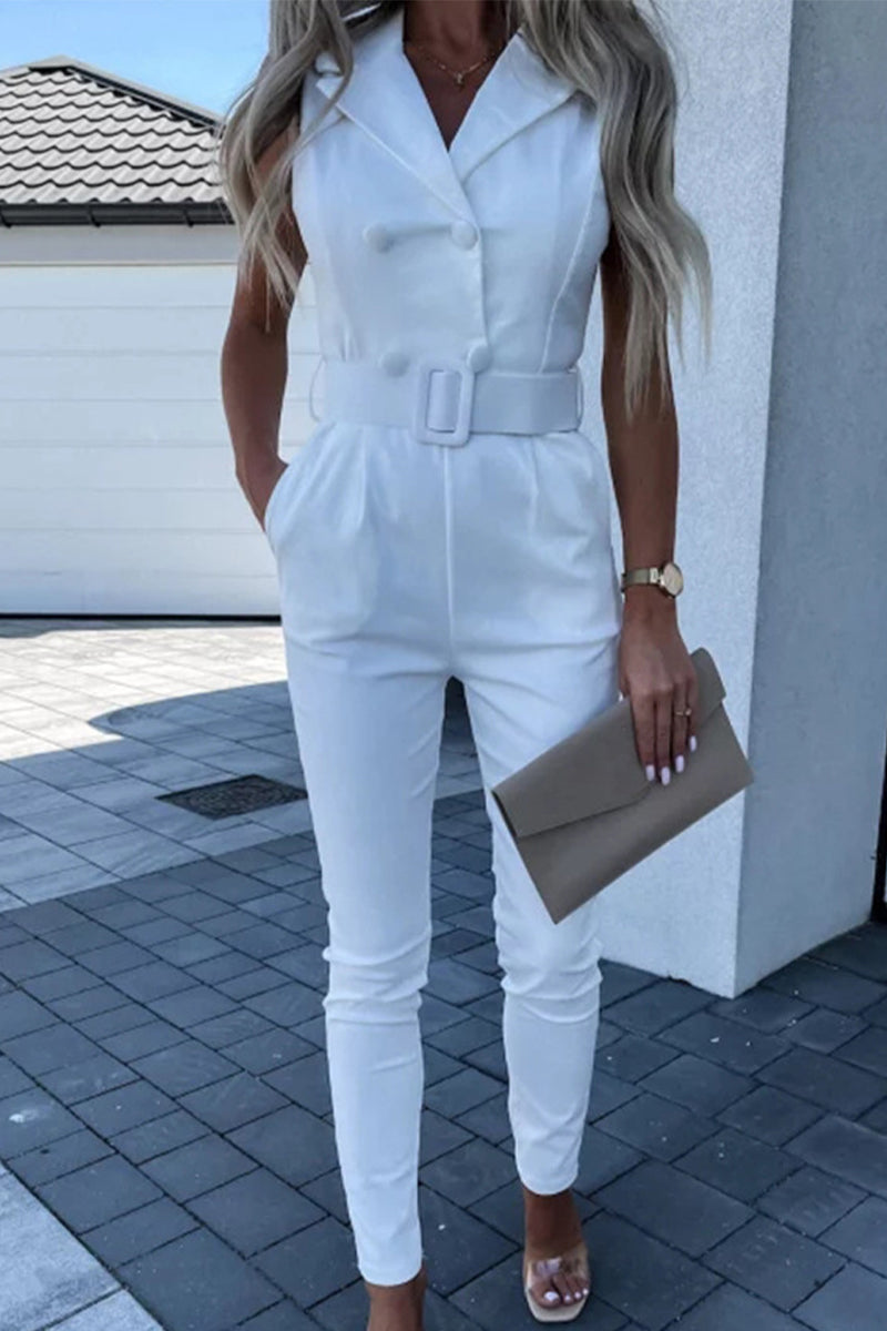 Work Street Patchwork Turndown Collar Regular Jumpsuits