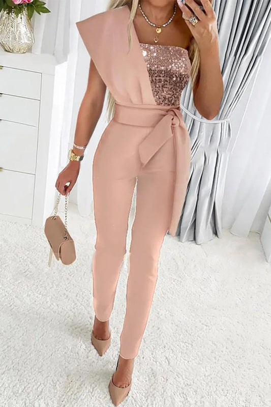 Sweet Patchwork Sequins Asymmetrical Collar Regular Jumpsuits(5 Colors)