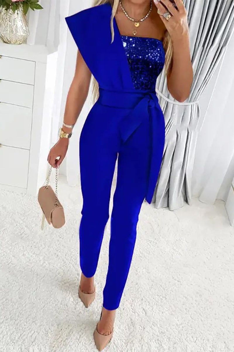 Sweet Patchwork Sequins Asymmetrical Collar Regular Jumpsuits(5 Colors)