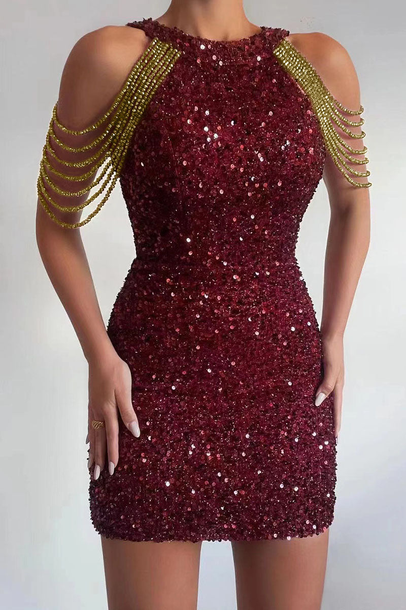Sequins Patchwork Chains O Neck Pencil Skirt Dresses