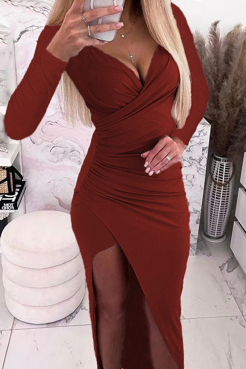 Color V Neck One Step Skirt Dresses(5 Colors)