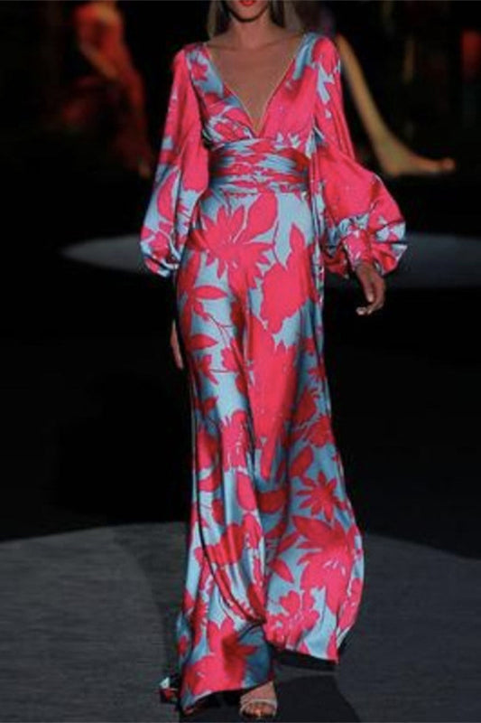 Print Printing V Neck Cake Skirt Dresses(4 Colors)
