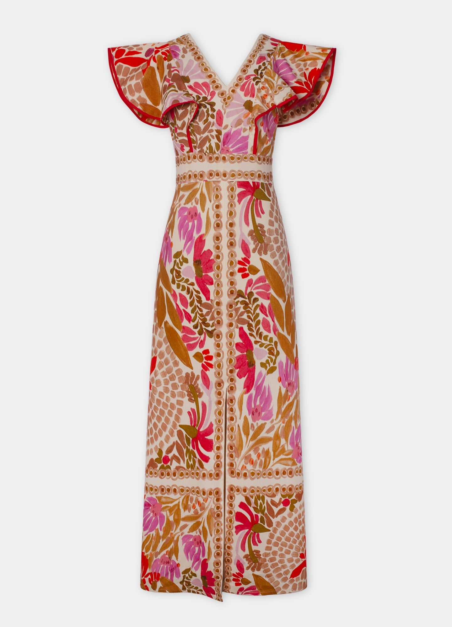 V-neck Ruffled Print Slit Long Dress