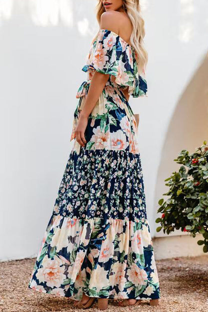 Patchwork Flounce Off the Shoulder Cake Skirt Dresses