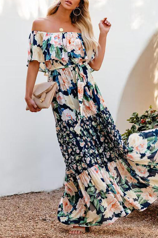 Patchwork Flounce Off the Shoulder Cake Skirt Dresses