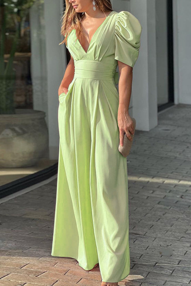 Backless Color V Neck Jumpsuits