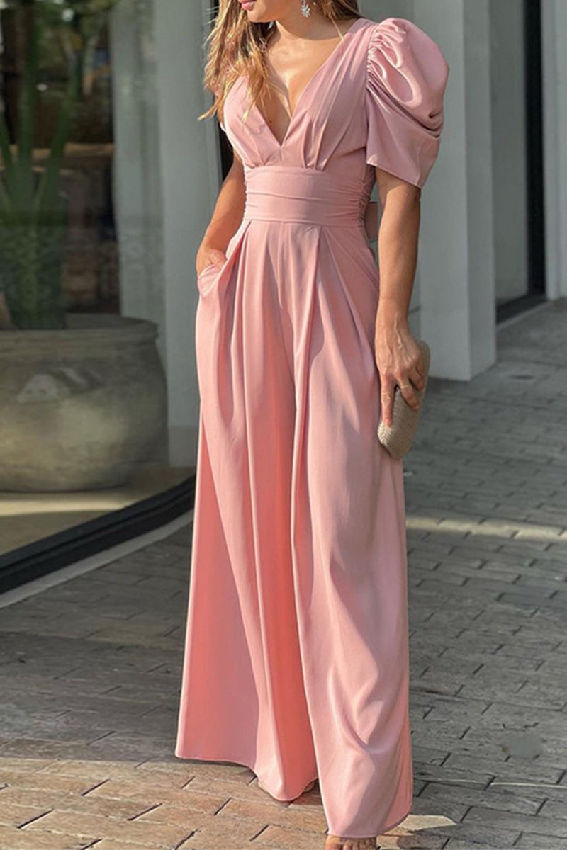 Backless Color V Neck Jumpsuits