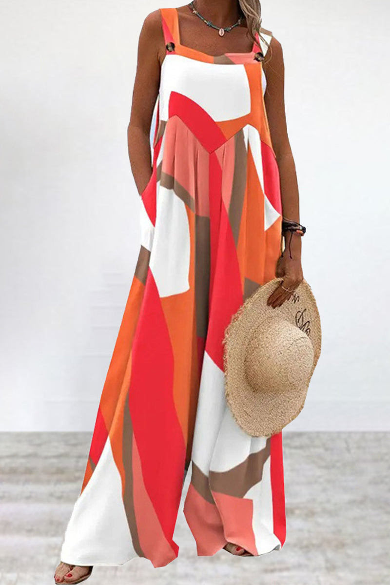 Print Printing Spaghetti Strap Loose Jumpsuits(5 Colors)