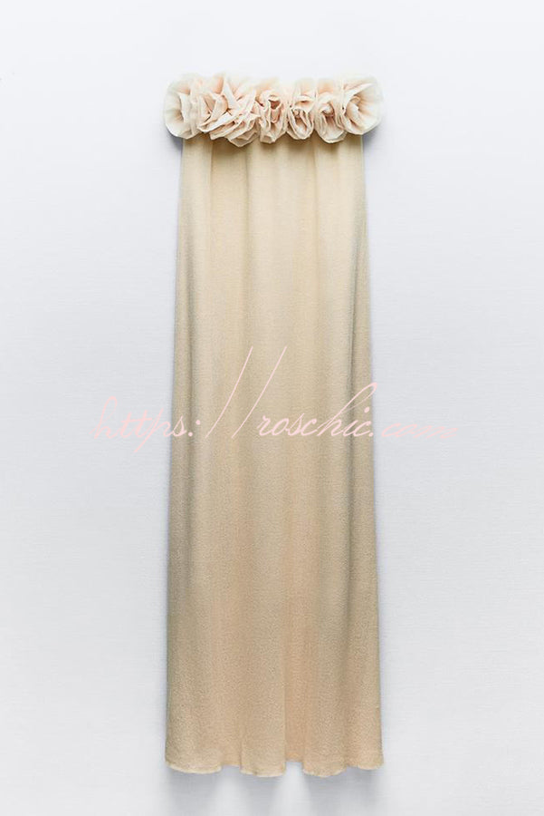 Blooming Flower Applique Elastic Off Shoulder Strapless Maxi Dress