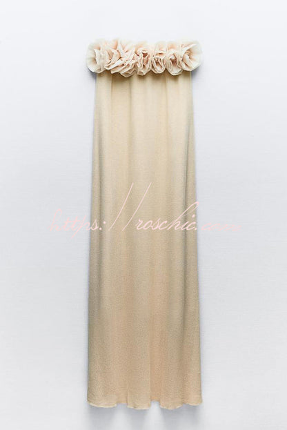 Blooming Flower Applique Elastic Off Shoulder Strapless Maxi Dress