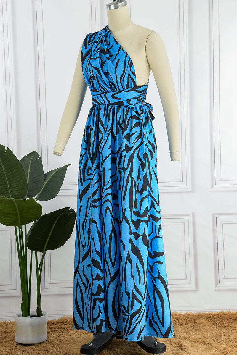 Print Patchwork Backless Slit Oblique Collar Long Dress