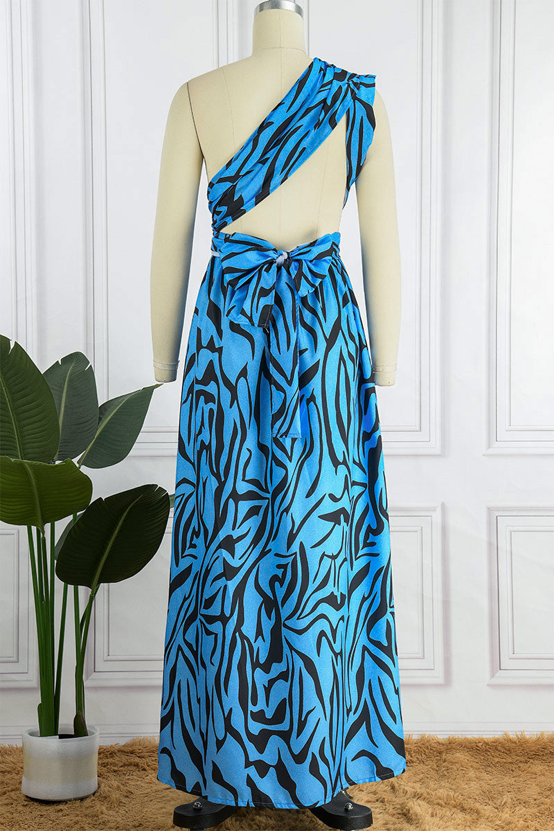 Print Patchwork Backless Slit Oblique Collar Long Dress