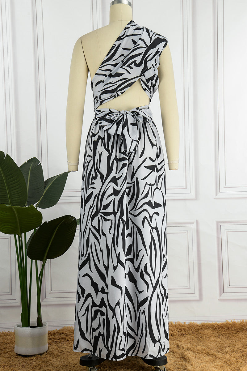 Print Patchwork Backless Slit Oblique Collar Long Dress